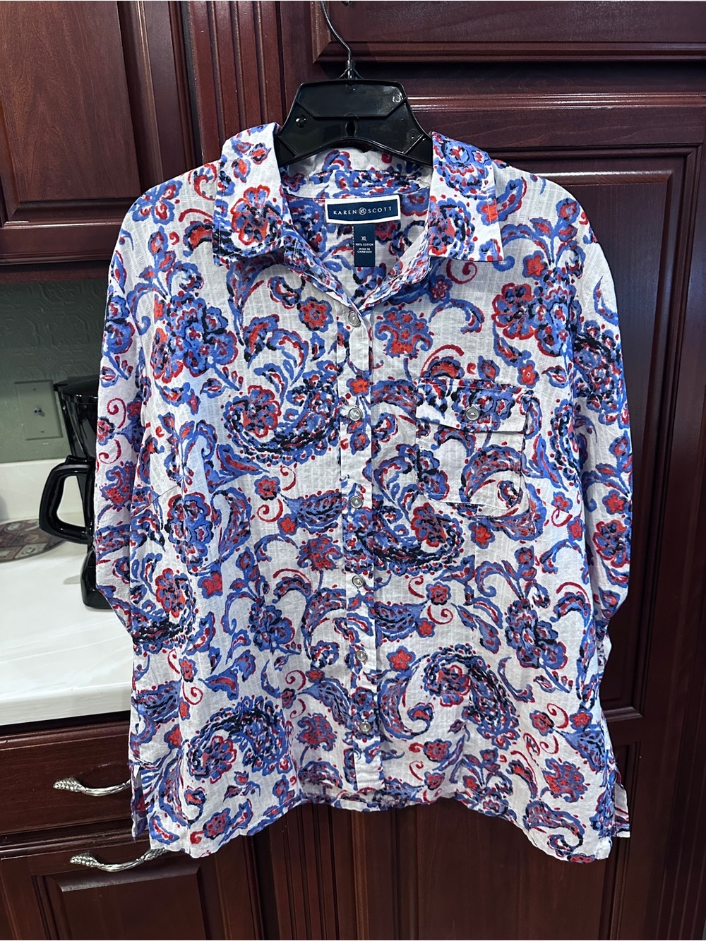 NWOT Karen Scott L/XL Blue & Red Paisley Lightweight Shirt